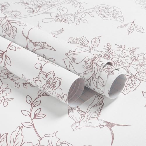 Froluya Red and White Floral Peel and Stick Wallpaper 16.9"x196.8" Vintage Floral Contact Paper Peel and Stick Bird Flower Wallpaper Self Adhesive Removable Wall Paper for Cabinets Bathroom Decorative - Image 1