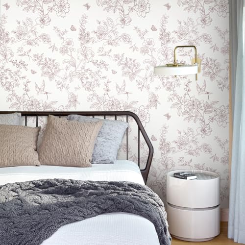 Froluya Red and White Floral Peel and Stick Wallpaper 16.9"x196.8" Vintage Floral Contact Paper Peel and Stick Bird Flower Wallpaper Self Adhesive Removable Wall Paper for Cabinets Bathroom Decorative - Image 2