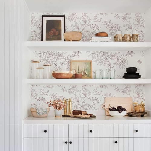 Froluya Red and White Floral Peel and Stick Wallpaper 16.9"x196.8" Vintage Floral Contact Paper Peel and Stick Bird Flower Wallpaper Self Adhesive Removable Wall Paper for Cabinets Bathroom Decorative - Image 5