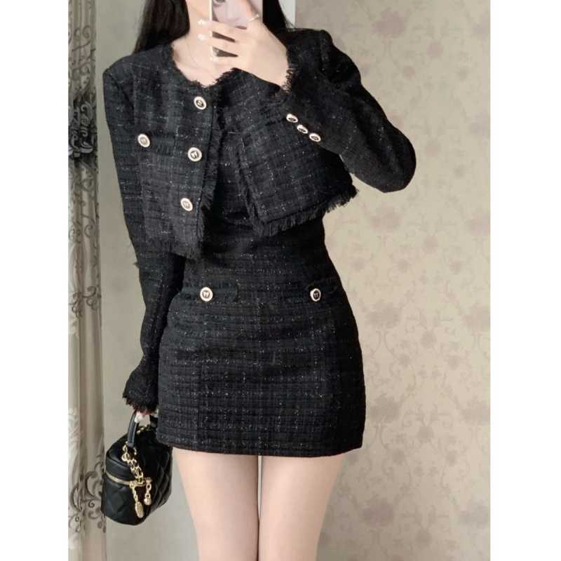 Elegant Tweed Suit Jacket Short Coat 2-Piece Set For Women Fashionable Autumn 2024 Style Sweet And Spicy Color Block Dress Black two-piece set [short jacket + suspender skirt] 