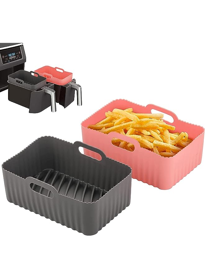 SYOSI Air Fryer Silicone Liners, 2-Pack for 8 to 10 QT Ninja DZ201/ DZ401 Dual Air Fryer Basket Liners Reusable Silicone Pot Rectangular Air Fryer Accessories (Pink + Grey) - Image 1