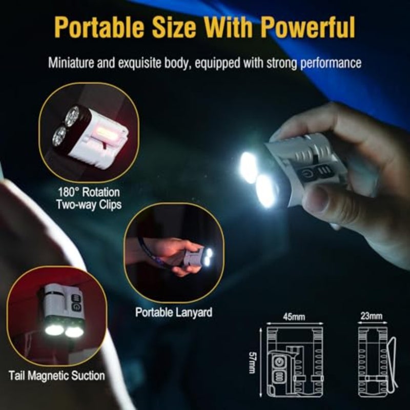 مصباح LED صغير قوي مسطح EDC مع مشبك، فائق السطوع 1600 لومن USB A/C-C قابل لإعادة الشحن بجيب صغير على شكل سلسلة مفاتيح فلاش مع ضوء أحمر أبيض دافئ، 10 أوضاع، IP68 مقاوم للماء - Image 4