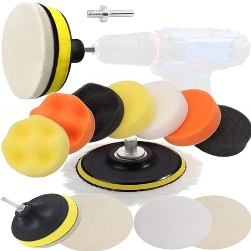 DIY Crafts With 3x Desnsity Felt Pads, 3"inch Kit, 12 Pcs Gross Polishing Buffing Pad Kit Polisher M10/14 Drill Adapter Car Polish Sponge Wheel Wash Cleanin (With 3x Desnsity Felt Pads, 3"inch Kit) - Image 1