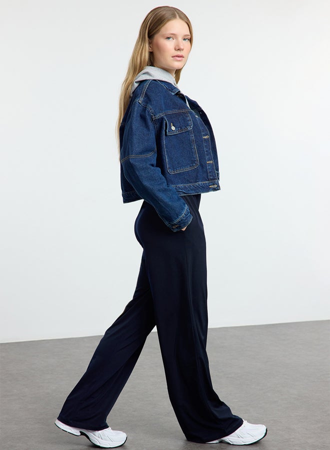 trendyol Navy Blue Wide Leg/Relaxed Cut High Waist Flexible Trousers - Image 2