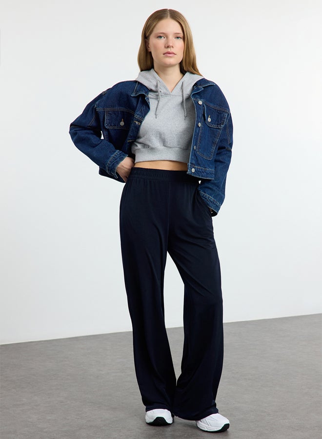 trendyol Navy Blue Wide Leg/Relaxed Cut High Waist Flexible Trousers - Image 1