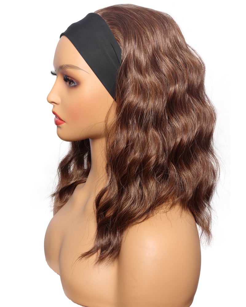 SYMEIW Brown Wavy Headband Wig For Black Women Light Brown Half Wigs With Black Headband Attached Synthetic Wrap Wigs Turban Wigs For Women(Light Brown 14 Inch) - Image 4