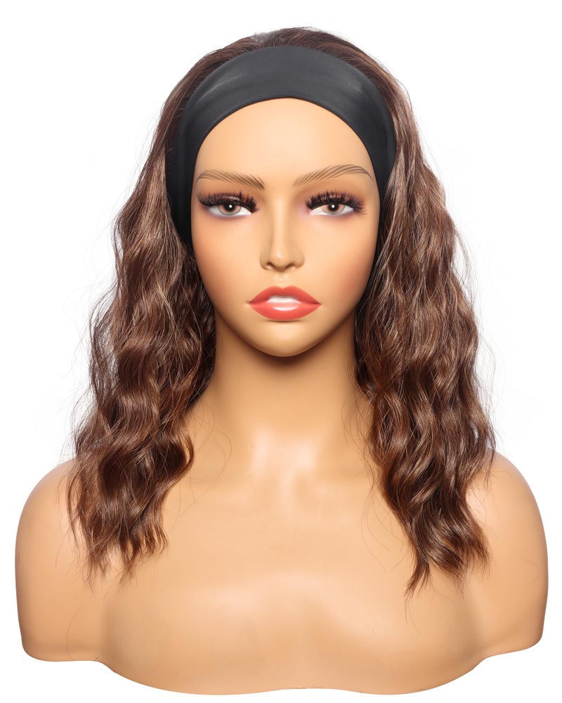SYMEIW Brown Wavy Headband Wig For Black Women Light Brown Half Wigs With Black Headband Attached Synthetic Wrap Wigs Turban Wigs For Women(Light Brown 14 Inch) - Image 2