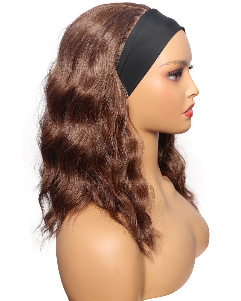 SYMEIW Brown Wavy Headband Wig For Black Women Light Brown Half Wigs With Black Headband Attached Synthetic Wrap Wigs Turban Wigs For Women(Light Brown 14 Inch) - Image 5