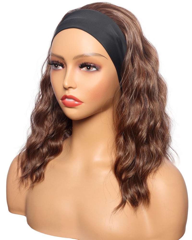 SYMEIW Brown Wavy Headband Wig For Black Women Light Brown Half Wigs With Black Headband Attached Synthetic Wrap Wigs Turban Wigs For Women(Light Brown 14 Inch) - Image 3