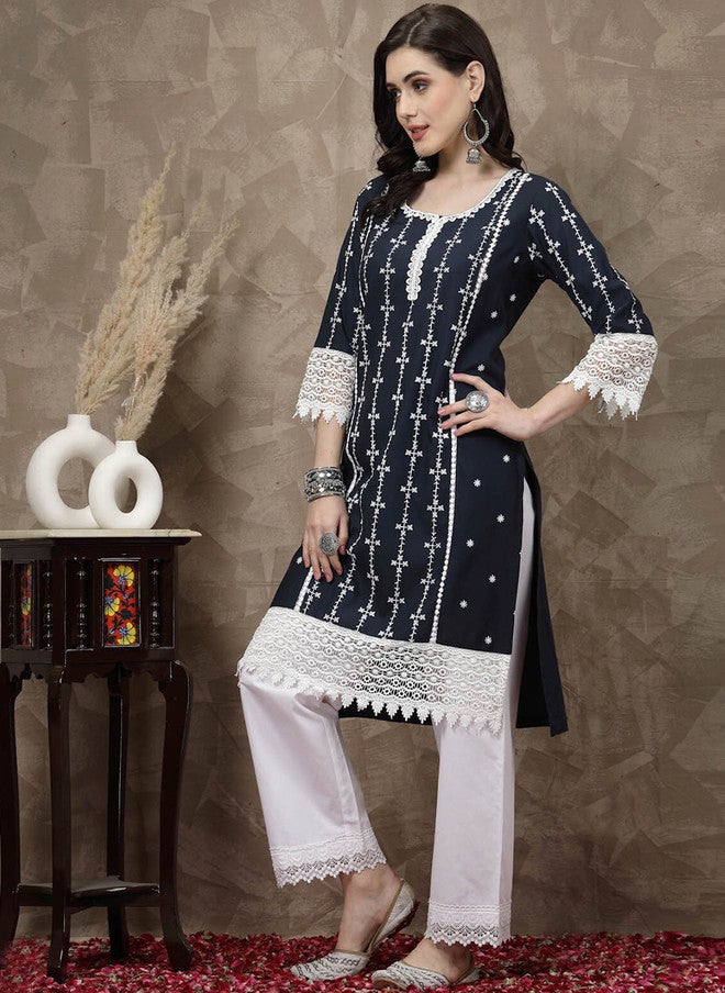 PlusS Navy Blue & White Ethnic Motifs Printed Kurta for Women - Image 4