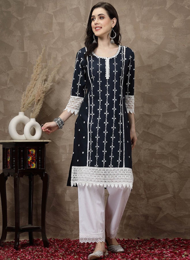 PlusS Navy Blue & White Ethnic Motifs Printed Kurta for Women - Image 1
