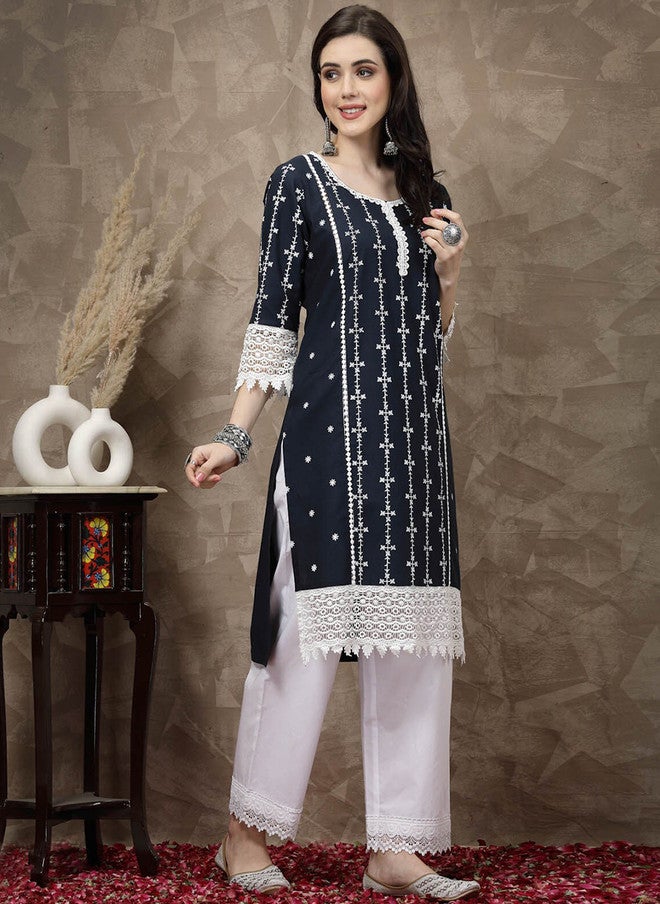 PlusS Navy Blue & White Ethnic Motifs Printed Kurta for Women - Image 3