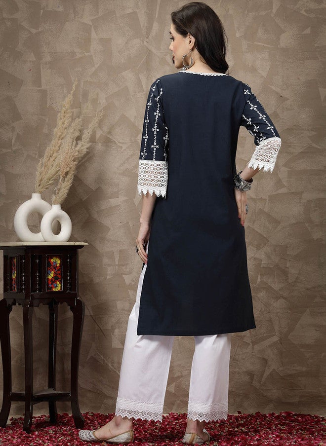 PlusS Navy Blue & White Ethnic Motifs Printed Kurta for Women - Image 5