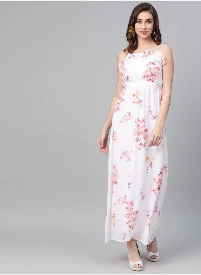 SASSAFRAS Floral Ruffle Detail Strappy Maxi Dress by Styli