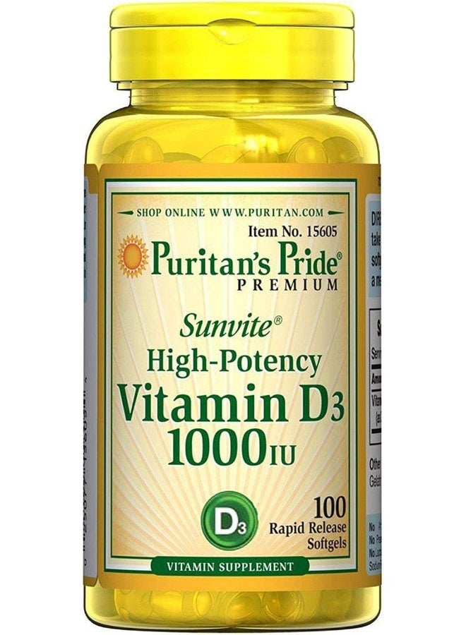Puritan's Pride فيتامين D3 عالي الفعالية، 1000 وحدة دولية، 100 كبسولة هلامية