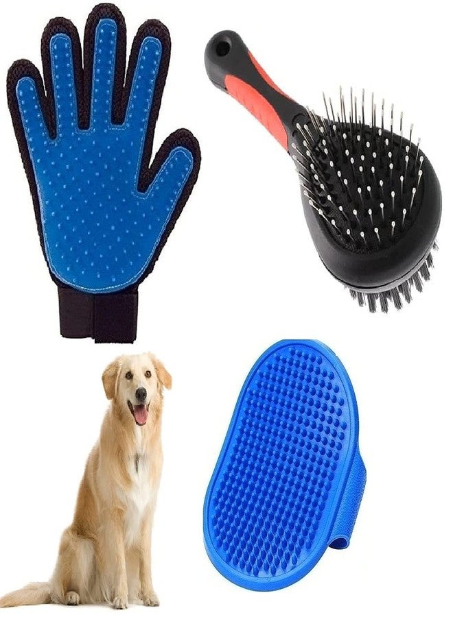 Toms PET MALL (Combo of 3) Imported Pet Gloves + Black Brush + Bath Gloves Grooming Kit for All Pets Dog, Cat, Rabbit, Hamster