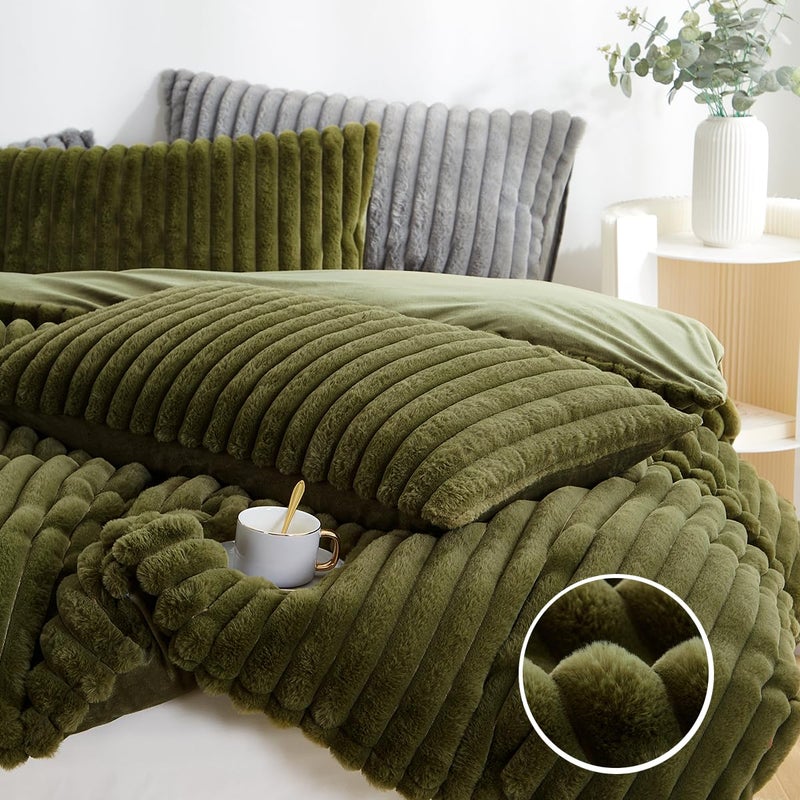 CCoutueChen Fluffy Duvet Cover Queen Soft Faux Fur Bedding Set 3Pcs Olive Green Velvet Flannel Bedding All Seasons Warm Plush 1 Shaggy Fuzzy Duvet Coevr with 2 Pillowcases - Image 5