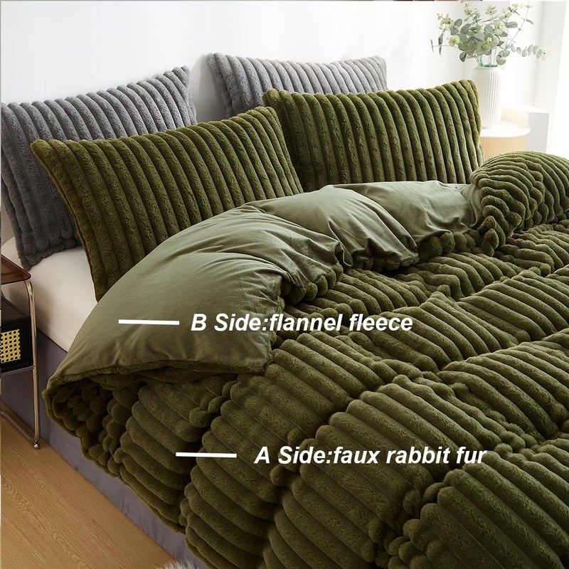 CCoutueChen Fluffy Duvet Cover Queen Soft Faux Fur Bedding Set 3Pcs Olive Green Velvet Flannel Bedding All Seasons Warm Plush 1 Shaggy Fuzzy Duvet Coevr with 2 Pillowcases - Image 4