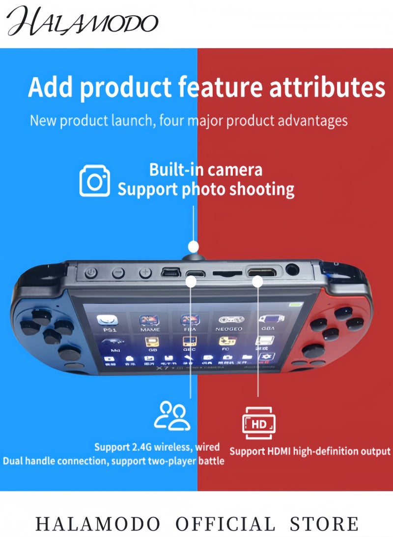 HALAMODO X7 Plus Handheld Game Console , Preload 10000 Games Portable Video Games Support HDMI Output & Double Player Classic Arcade Retro Game Player,4.3" Screen - Image 2