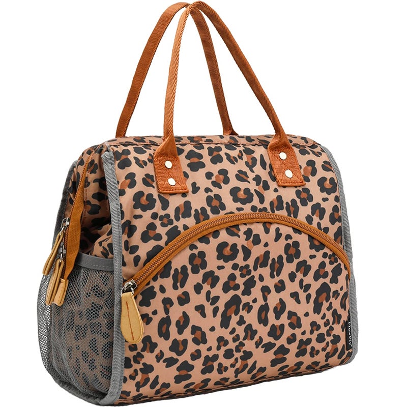 FlowFly Insulated Lunch Bag Wide-Open Lunch Box Large Tote Leakproof Cooler with Drink Holder and Multi Pockets for Women Men Adult Kids Work Picnic Travel Beach Hiking, Leopard - Image 1