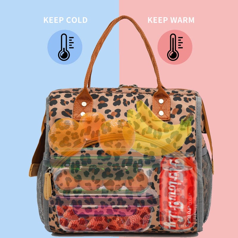 FlowFly Insulated Lunch Bag Wide-Open Lunch Box Large Tote Leakproof Cooler with Drink Holder and Multi Pockets for Women Men Adult Kids Work Picnic Travel Beach Hiking, Leopard - Image 2