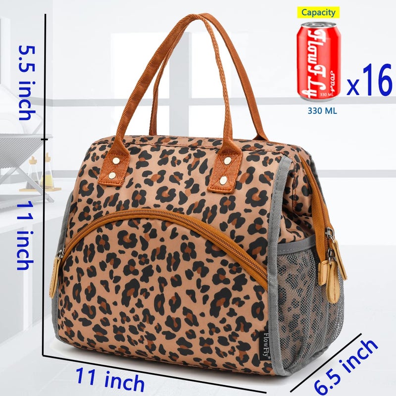 FlowFly Insulated Lunch Bag Wide-Open Lunch Box Large Tote Leakproof Cooler with Drink Holder and Multi Pockets for Women Men Adult Kids Work Picnic Travel Beach Hiking, Leopard - Image 4