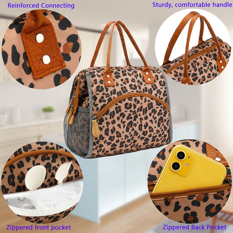 FlowFly Insulated Lunch Bag Wide-Open Lunch Box Large Tote Leakproof Cooler with Drink Holder and Multi Pockets for Women Men Adult Kids Work Picnic Travel Beach Hiking, Leopard - Image 5