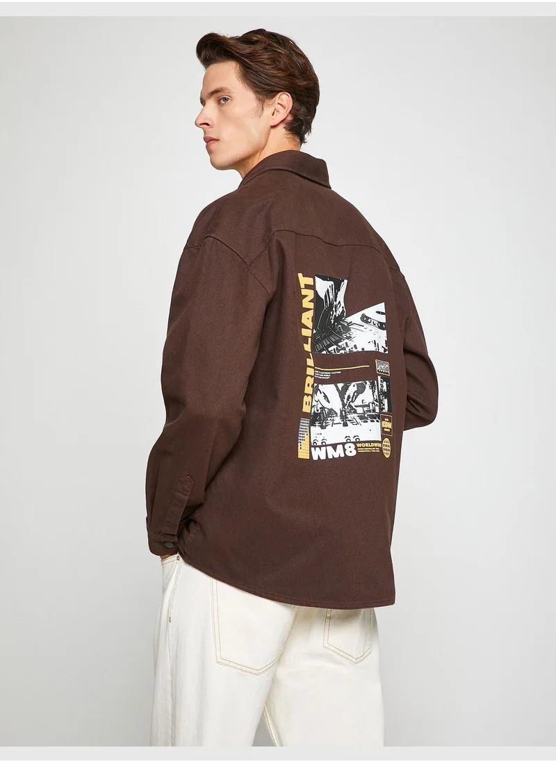 KOTON Basic Shirt Jacket Slogan Printed Pocket Detailed