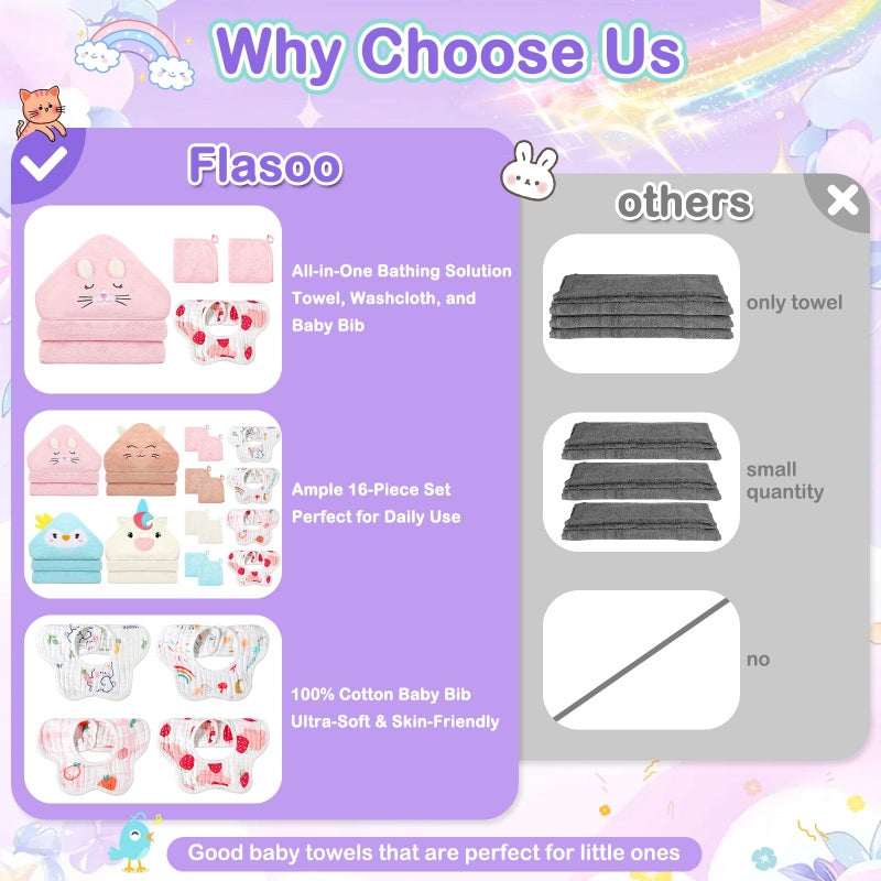 Flasoo 16 Pcs Baby Towels Set, Baby Towels and Washcloths Set,4 Pcs Animal Hooded Baby Towels, 4 Pcs Baby Bibs & 8 Pcs Washcloths Set for Infants, Toddlers and Kids-Unicorns, Rabbits, Kittens & Chicks - Image 2