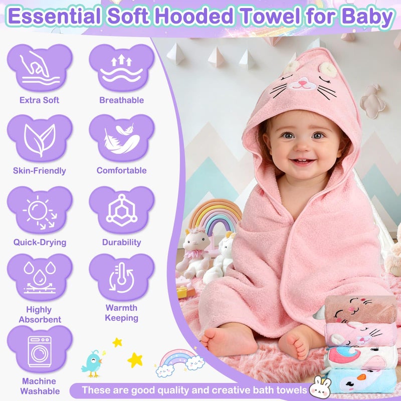 Flasoo 16 Pcs Baby Towels Set, Baby Towels and Washcloths Set,4 Pcs Animal Hooded Baby Towels, 4 Pcs Baby Bibs & 8 Pcs Washcloths Set for Infants, Toddlers and Kids-Unicorns, Rabbits, Kittens & Chicks - Image 4