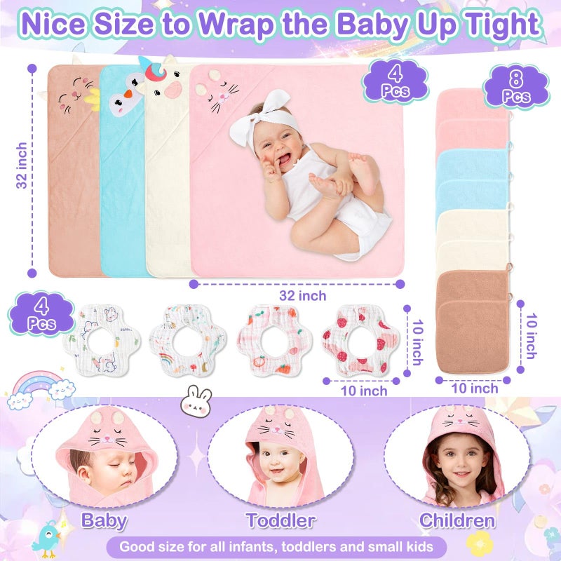 Flasoo 16 Pcs Baby Towels Set, Baby Towels and Washcloths Set,4 Pcs Animal Hooded Baby Towels, 4 Pcs Baby Bibs & 8 Pcs Washcloths Set for Infants, Toddlers and Kids-Unicorns, Rabbits, Kittens & Chicks - Image 3