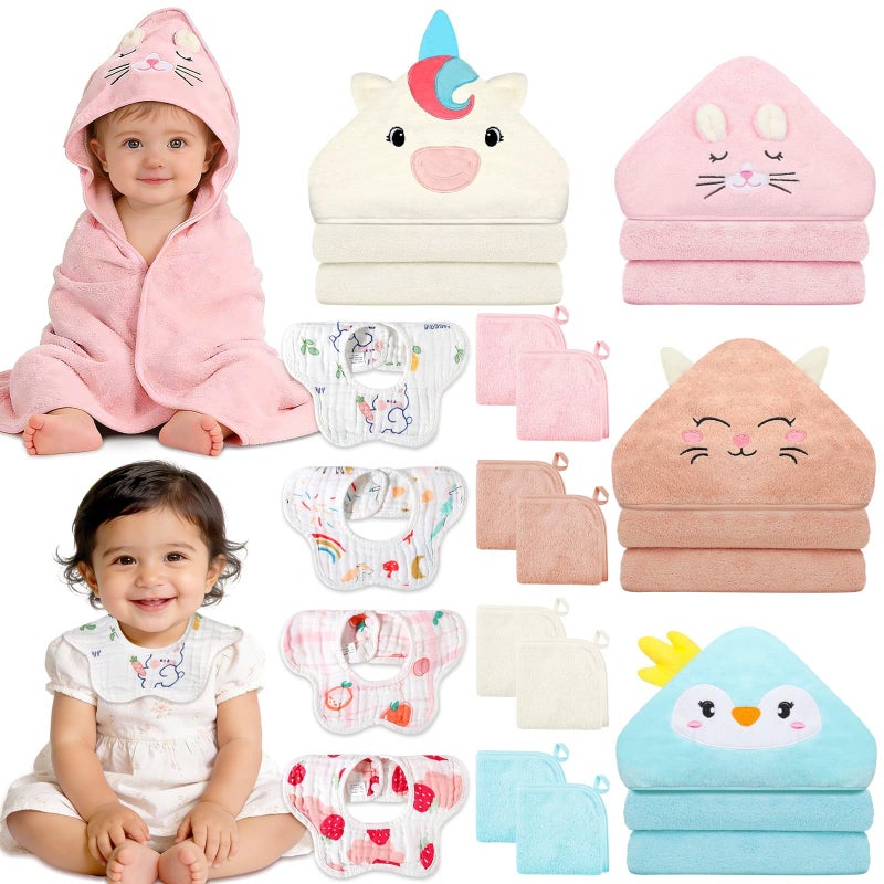 Flasoo 16 Pcs Baby Towels Set, Baby Towels and Washcloths Set,4 Pcs Animal Hooded Baby Towels, 4 Pcs Baby Bibs & 8 Pcs Washcloths Set for Infants, Toddlers and Kids-Unicorns, Rabbits, Kittens & Chicks - Image 1