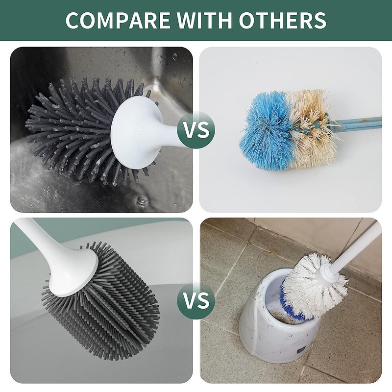 TRADY Toilet Brush and Holder Set for Bathroom, Deep-Cleaning Silicone Toilet Bowl Brush with Non-Slip Long Plastic Handle, Bendable Brush Head to Clean Toilet Corner Easily (Desing 2) - Image 3