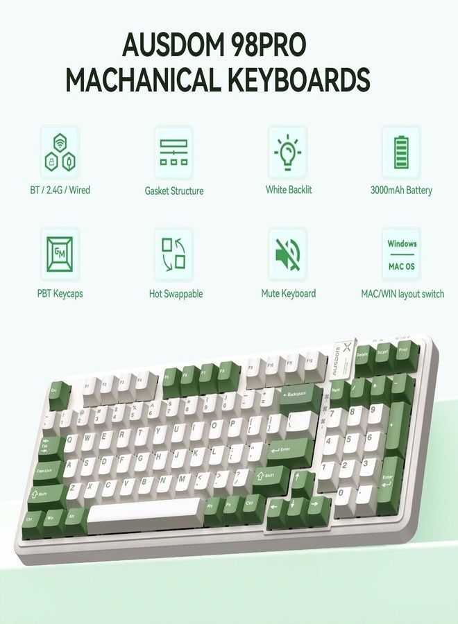 AUSDOM 98Pro Silent Mechanical Keyboard, Wireless Hot Swappable Gaming Keyboard with Backlit,Gasket Structure,Pre-lubed Tactile Switches,2.4GHz/Type-C/Bluetooth Custom Keyboards (Green & White-Silent) - Image 2