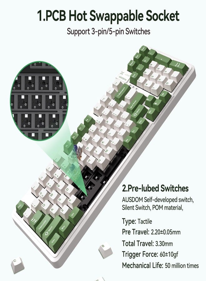 AUSDOM 98Pro Silent Mechanical Keyboard, Wireless Hot Swappable Gaming Keyboard with Backlit,Gasket Structure,Pre-lubed Tactile Switches,2.4GHz/Type-C/Bluetooth Custom Keyboards (Green & White-Silent) - Image 3