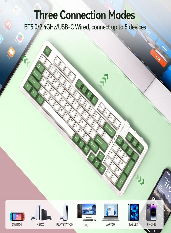 AUSDOM 98Pro Silent Mechanical Keyboard, Wireless Hot Swappable Gaming Keyboard with Backlit,Gasket Structure,Pre-lubed Tactile Switches,2.4GHz/Type-C/Bluetooth Custom Keyboards (Green & White-Silent) - Image 5