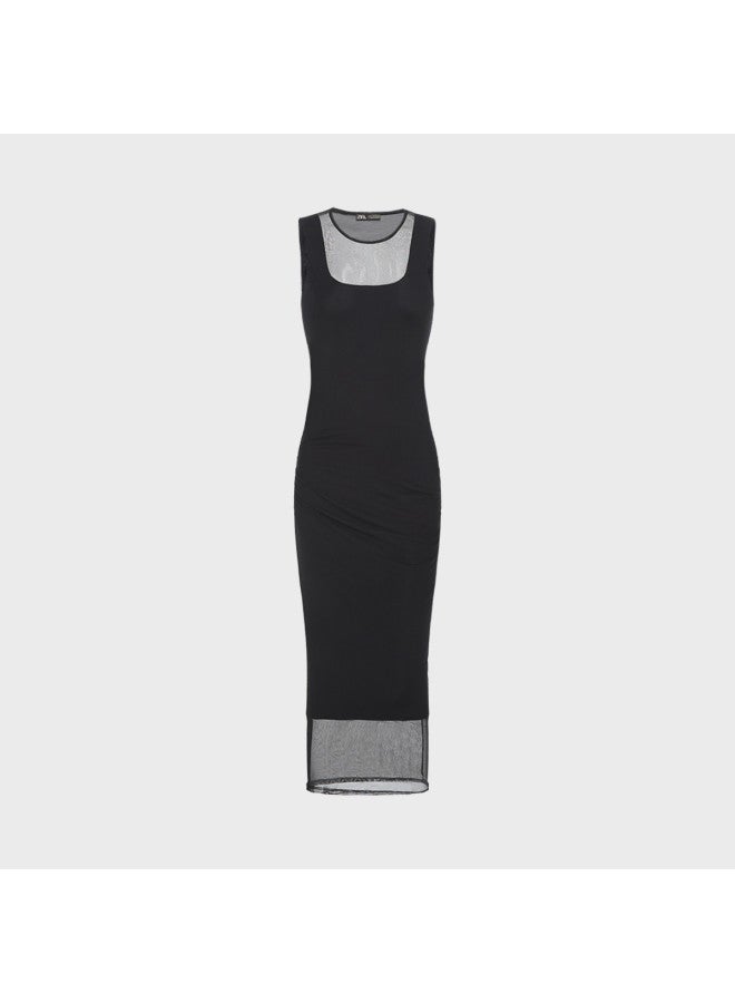 Zara Casual And Stylish Printed Pleated Design Mesh Dress With Round Neck And Sleeveless Long Length - Image 3