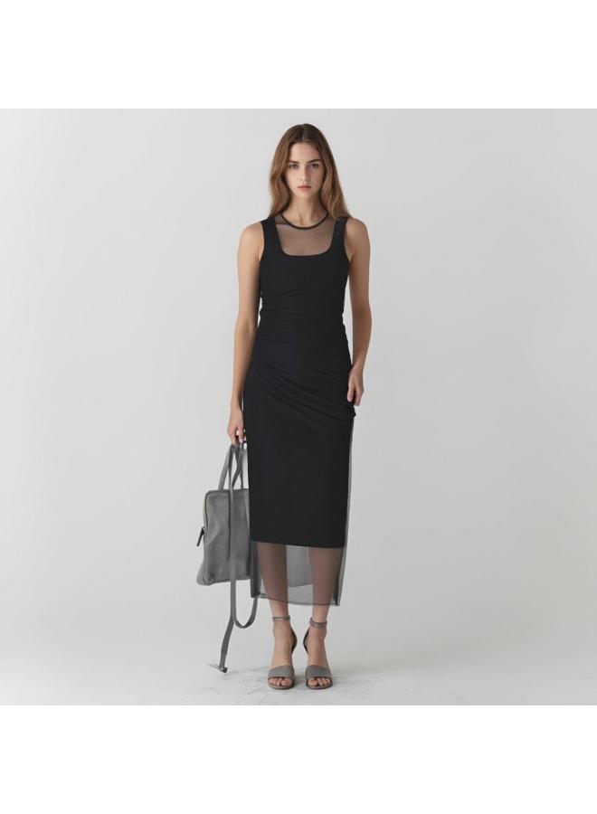Zara Casual And Stylish Printed Pleated Design Mesh Dress With Round Neck And Sleeveless Long Length - Image 2