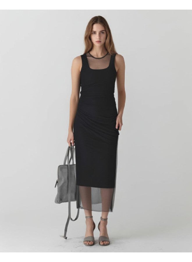 Zara Casual And Stylish Printed Pleated Design Mesh Dress With Round Neck And Sleeveless Long Length - Image 1
