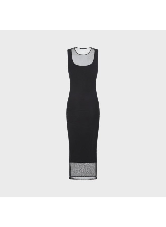 Zara Casual And Stylish Printed Pleated Design Mesh Dress With Round Neck And Sleeveless Long Length - Image 4