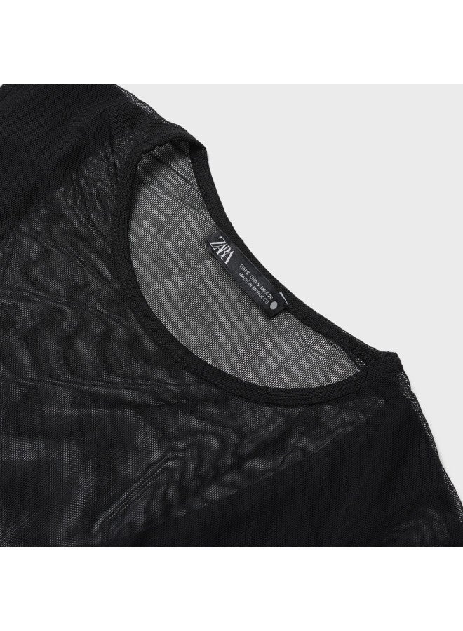 Zara Casual And Stylish Printed Pleated Design Mesh Dress With Round Neck And Sleeveless Long Length - Image 5