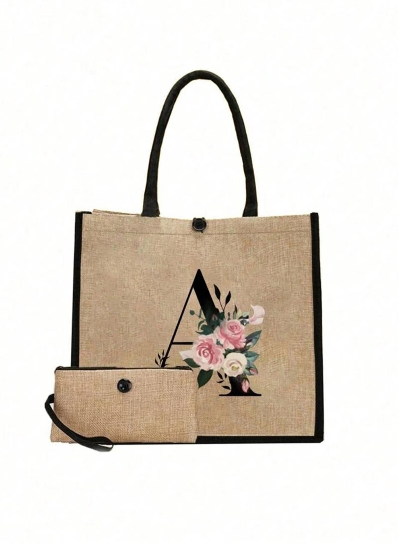 Simple Flower Letter Print Linen Shoulder Bag 2 Piece Set Simple Travel Bag Cosmetic Bag  - Image 1