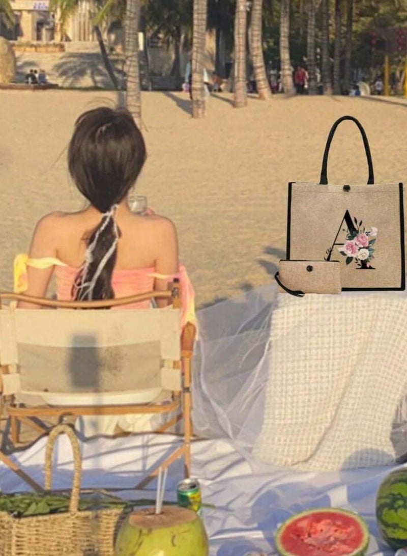 Simple Flower Letter Print Linen Shoulder Bag 2 Piece Set Simple Travel Bag Cosmetic Bag  - Image 3
