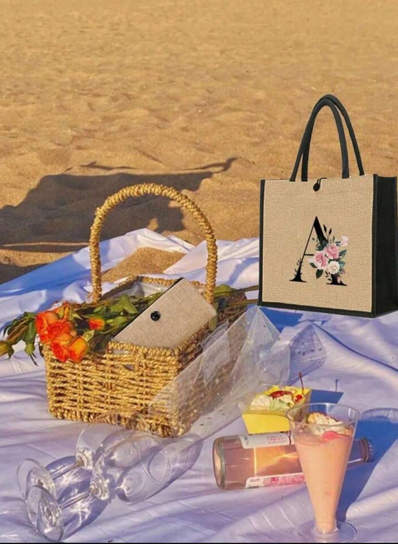 Simple Flower Letter Print Linen Shoulder Bag 2 Piece Set Simple Travel Bag Cosmetic Bag  - Image 2