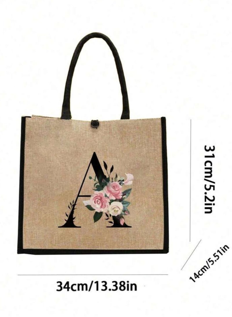Simple Flower Letter Print Linen Shoulder Bag 2 Piece Set Simple Travel Bag Cosmetic Bag  - Image 4