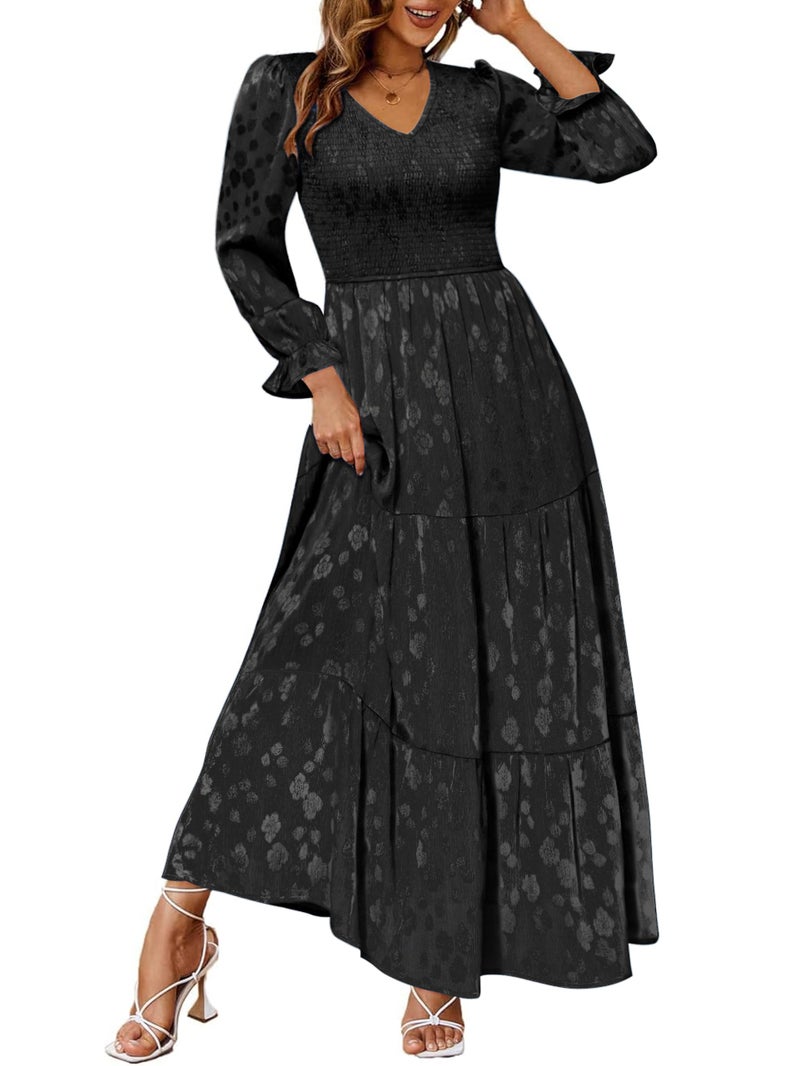 Simplee Apparel Simplee Womens Long Sleeve Smocked Maxi Dress Tiered V Neck Flowy Fall Wedding Guest Long Dresses with Pockets (Black M) - Image 1