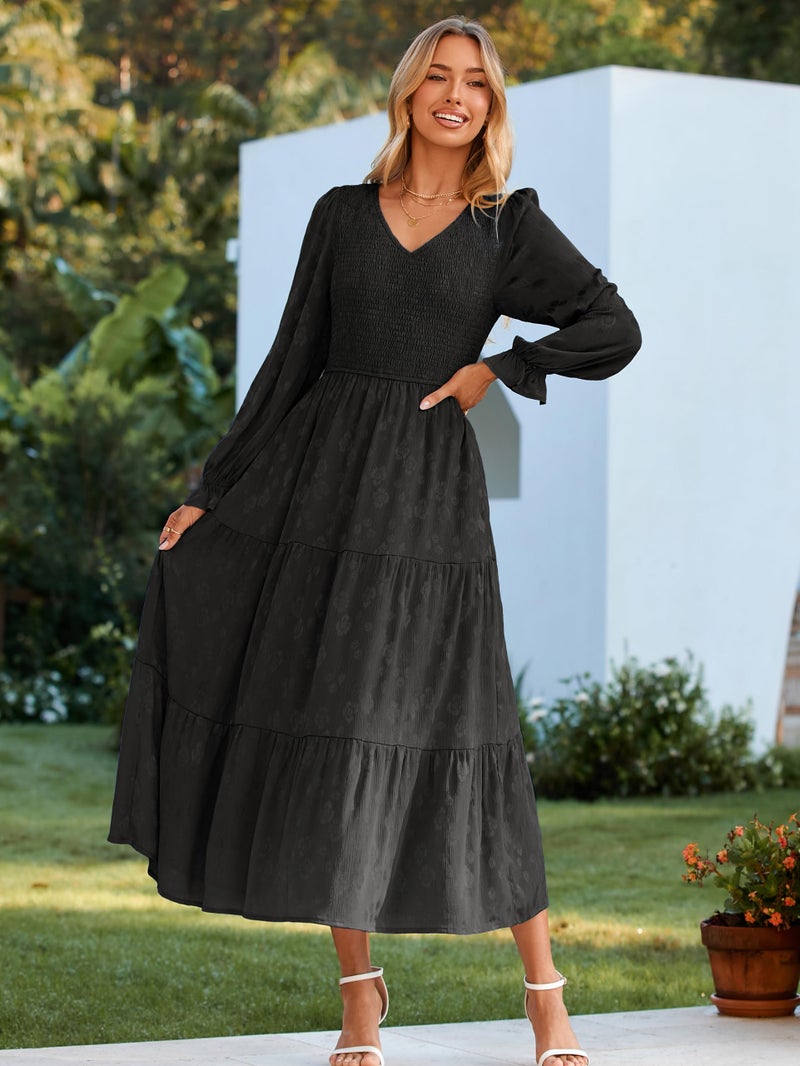 Simplee Apparel Simplee Womens Long Sleeve Smocked Maxi Dress Tiered V Neck Flowy Fall Wedding Guest Long Dresses with Pockets (Black M) - Image 5
