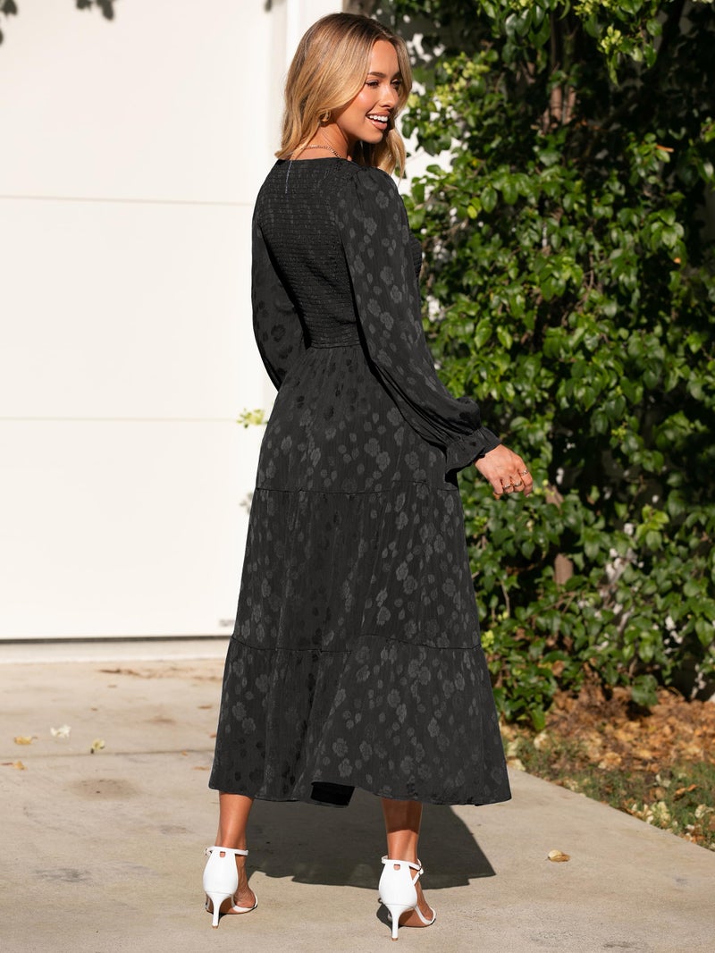 Simplee Apparel Simplee Womens Long Sleeve Smocked Maxi Dress Tiered V Neck Flowy Fall Wedding Guest Long Dresses with Pockets (Black M) - Image 3
