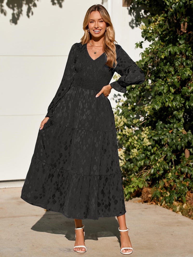 Simplee Apparel Simplee Womens Long Sleeve Smocked Maxi Dress Tiered V Neck Flowy Fall Wedding Guest Long Dresses with Pockets (Black M) - Image 2