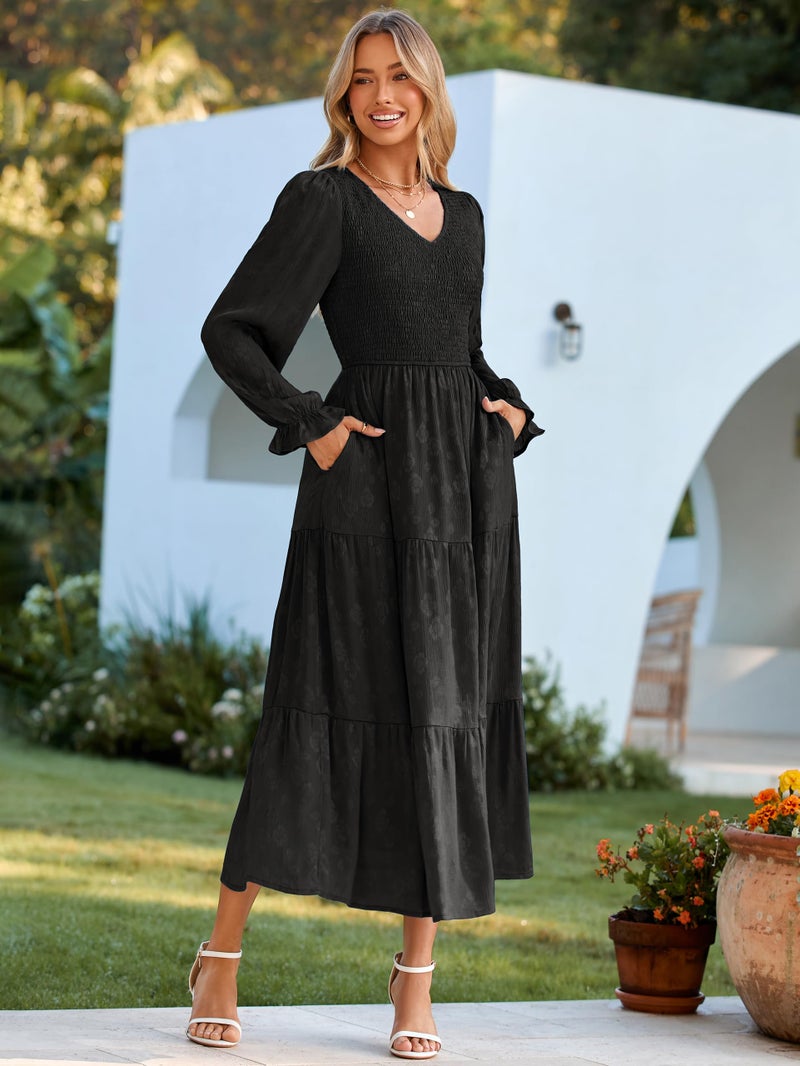 Simplee Apparel Simplee Womens Long Sleeve Smocked Maxi Dress Tiered V Neck Flowy Fall Wedding Guest Long Dresses with Pockets (Black M) - Image 4